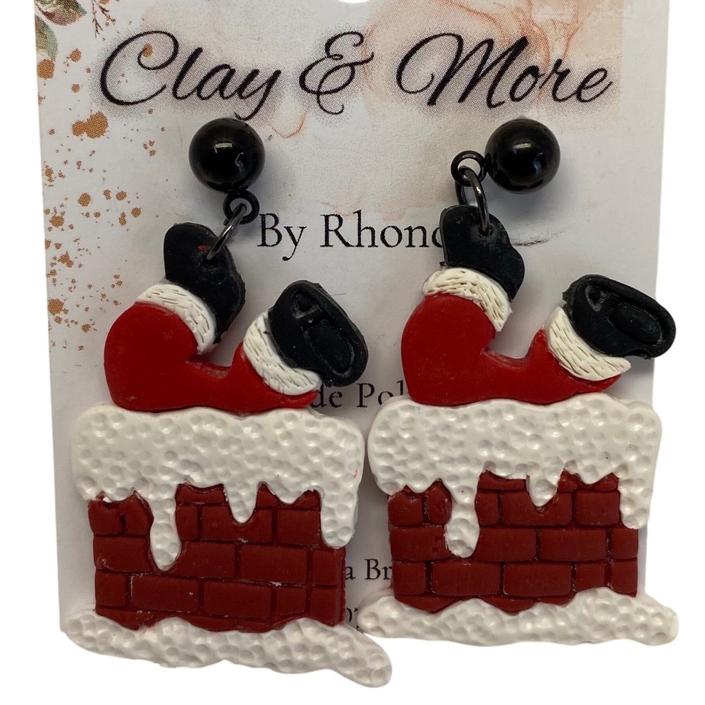 Handcrafted Polymer Clay Santa Stuck in Chimney Christmas Dangle Earrings‎